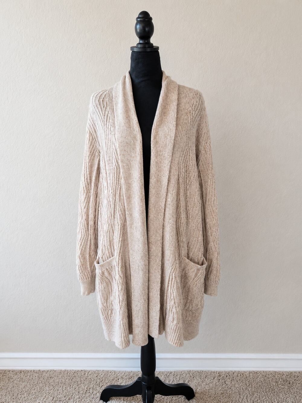 St Johns Bay 3X Plus Cable Knit Cardigan Open Front Cotton Long Sweater Pockets